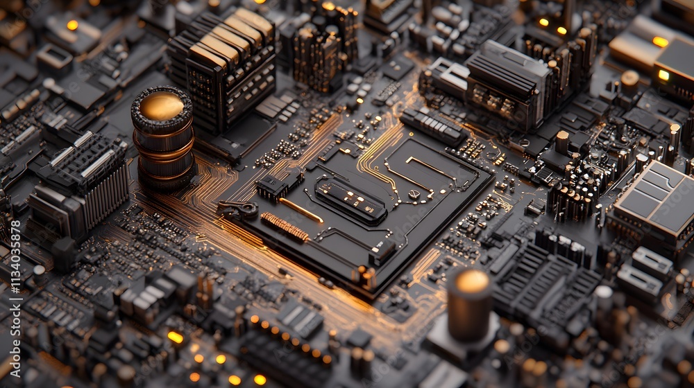 Poster close-up of a complex circuit board with gold and black components.