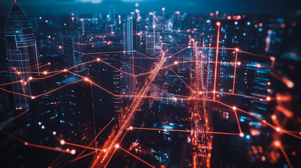 Obraz premium Smart digital Innovation city with connection network reciprocity over the cityscape. of future smart wireless digital city and social media networking systems that connects people with in city