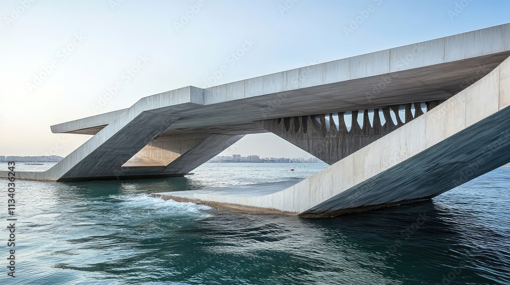 Poster a waterfront structure with angular walkways and overhangs, designed to mimic the shapes of crashing