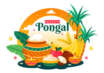 Happy Pongal Vector Illustration of the Traditional Tamil Nadu India Festival Celebration, Featuring Sugarcane and a Plate of Religious Props