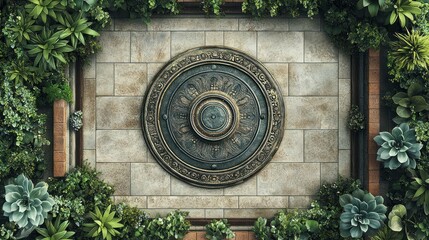 Ornate metal fountain in a lush garden courtyard.