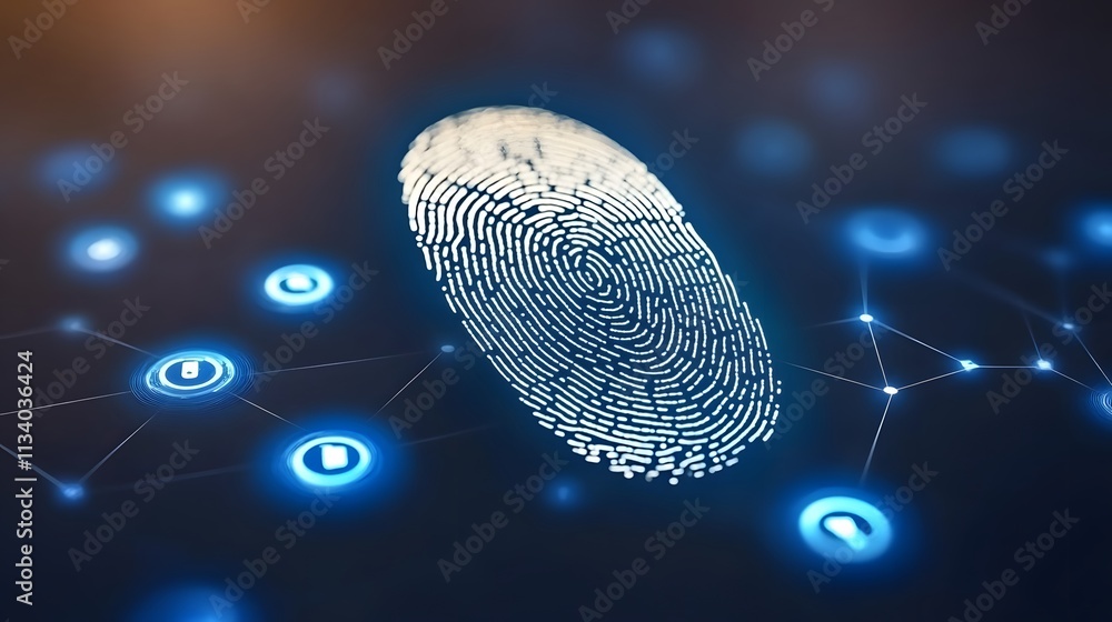 Aufkleber close-up of a digital fingerprint connected to a network of glowing nodes.