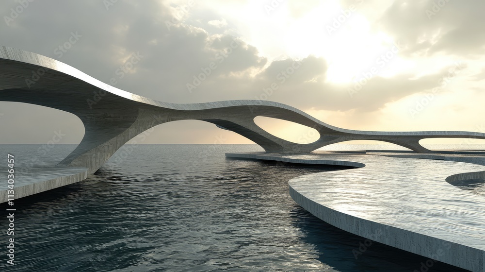 Poster a waterfront structure with angular walkways and overhangs, designed to mimic the shapes of crashing