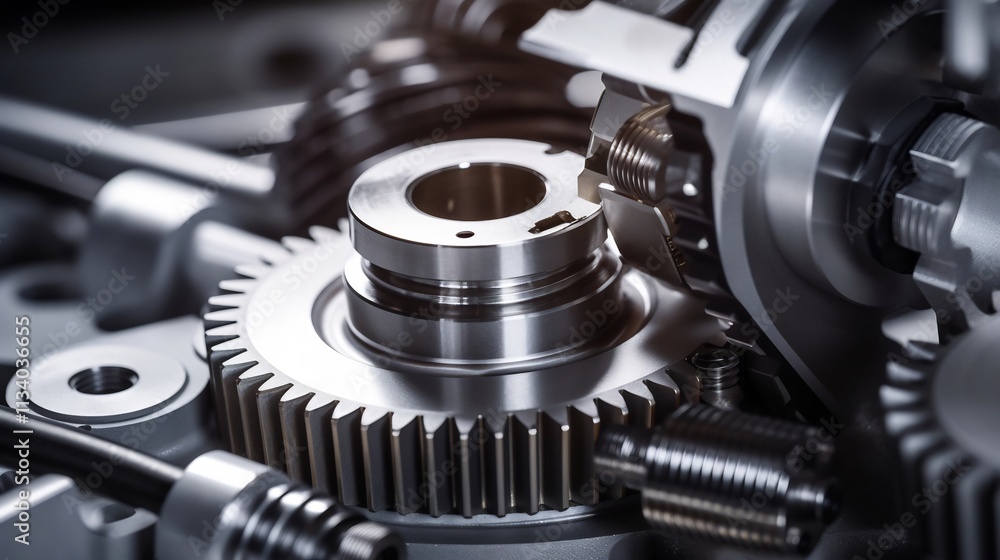 Poster close up view of gears cogs and other metallic components being precisely machined and manufactured 
