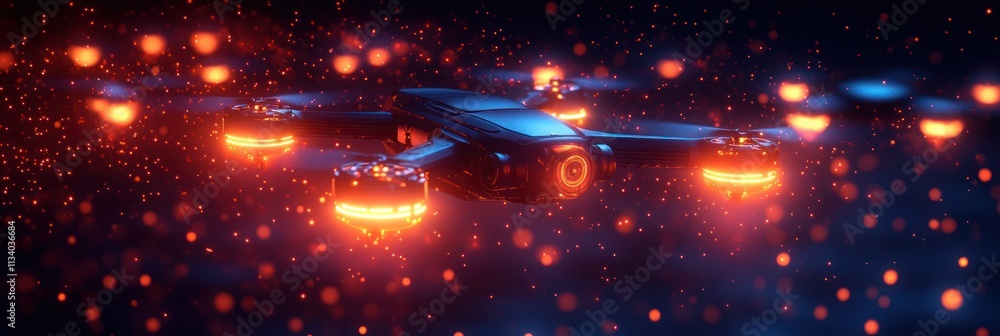 Poster a futuristic drone with glowing elements hovering in a dark, sparkly environment.