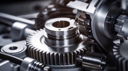Close up view of gears cogs and other metallic components being precisely machined and manufactured in an industrial factory or workshop setting