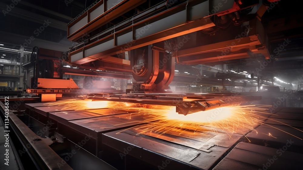 Aufkleber automated steel rolling machine efficiently processing glowing metal sheets in a modern industrial f