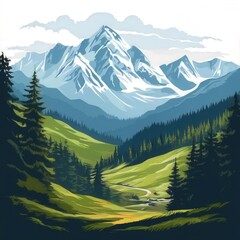 Fototapeta premium the AI Image Generator, Mountain Landscape With Pine Forest And Blue Sky Scenery