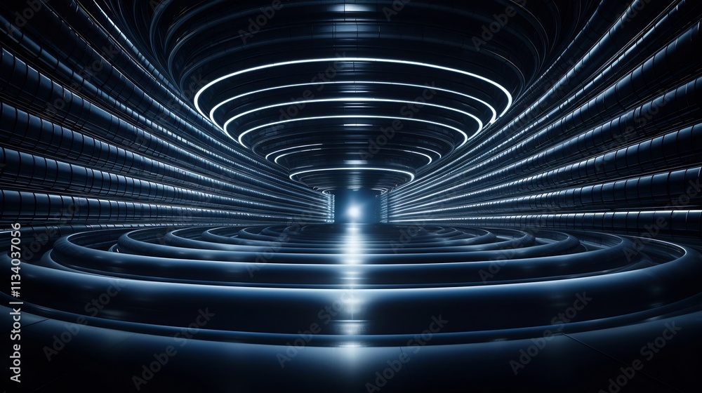 Aufkleber massive steel coils stacked in an illuminated industrial storage facility with reflective metallic s