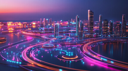 Fototapeta premium Smart digital Innovation city with connection network reciprocity over the cityscape. of future smart wireless digital city and social media networking systems that connects people with in city