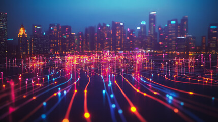 Fototapeta premium Smart digital Innovation city with connection network reciprocity over the cityscape. of future smart wireless digital city and social media networking systems that connects people with in city