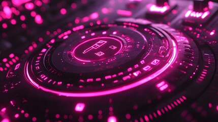 Obraz premium Close-up of a futuristic, glowing pink circular interface with digital symbols.