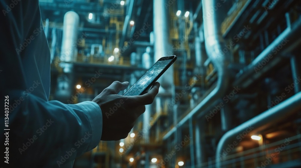 Poster a person holds a smartphone in an industrial setting, emphasizing technology in operations.