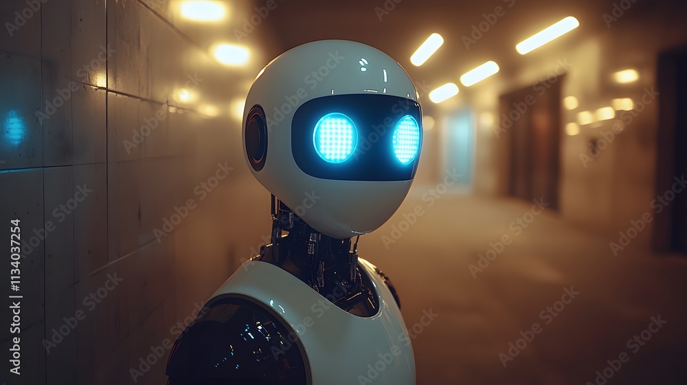 Poster close-up of a futuristic robot standing in a dimly lit corridor.