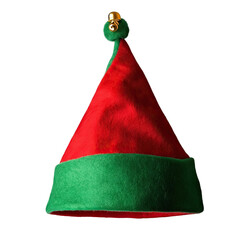 Red and green elf hat with small bells and white background. PNG is transparent.