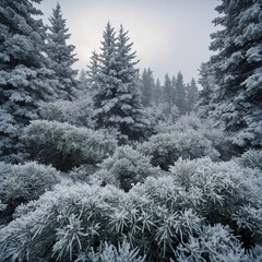 A winter wonderland with frosted evergreens and snow-covered shrubs.

