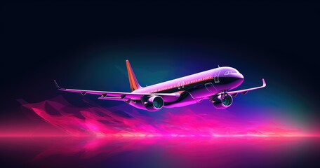 beautiful color background with purple airplane silhouette on dark beautiful, light neon colorful gradient wave line