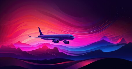 Naklejka premium beautiful color background with purple airplane silhouette on dark beautiful, light neon colorful gradient wave line