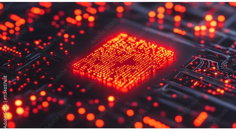 Aufkleber close-up of a glowing red microchip on a circuit board.