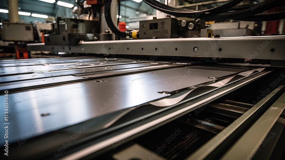 Poster close up view of aluminum metal sheets being precisely cut into specific shapes and forms on an auto