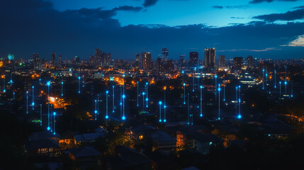 Obraz premium Smart digital Innovation city with connection network reciprocity over the cityscape. of future smart wireless digital city and social media networking systems that connects people with in city