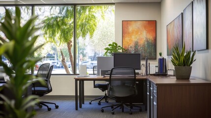 modern office workspace with natural light and greenery