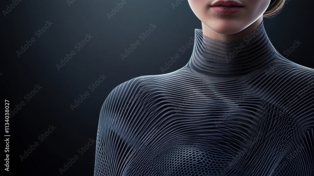 Poster captivating close-up of a woman dressed in an innovative fabric with intricate wave patterns against