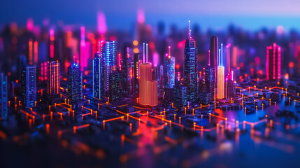 Obraz premium Smart digital Innovation city with connection network reciprocity over the cityscape. of future smart wireless digital city and social media networking systems that connects people with in city