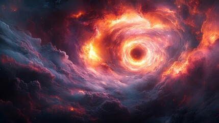 Obraz premium Fiery cosmic vortex swirling within dark nebula clouds.