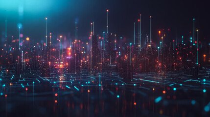 Fototapeta premium Smart digital Innovation city with connection network reciprocity over the cityscape. of future smart wireless digital city and social media networking systems that connects people with in city