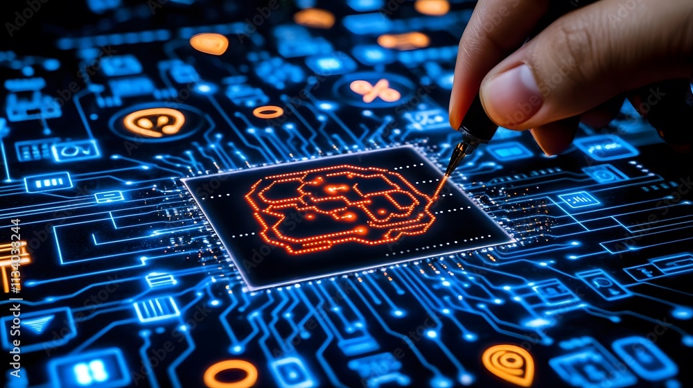 Poster close-up of a hand using a stylus to interact with a glowing microprocessor circuit board.