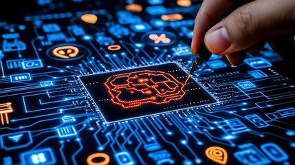 Close-up of a hand using a stylus to interact with a glowing microprocessor circuit board.