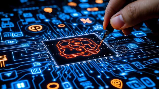 Close-up of a hand using a stylus to interact with a glowing microprocessor circuit board.