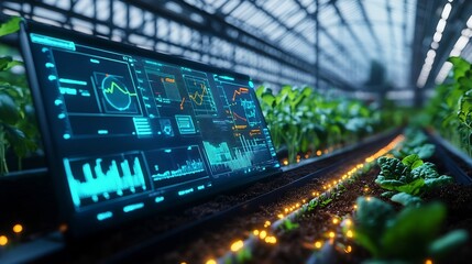 Obraz premium Futuristic 3D Holographic Soil Health Monitoring System in Climate Controlled Greenhouse with Vibrant Data Visualizations