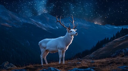 Fototapeta premium A majestic white deer with perfect antlers, on the mountain and the view of the stars in the beautiful sky