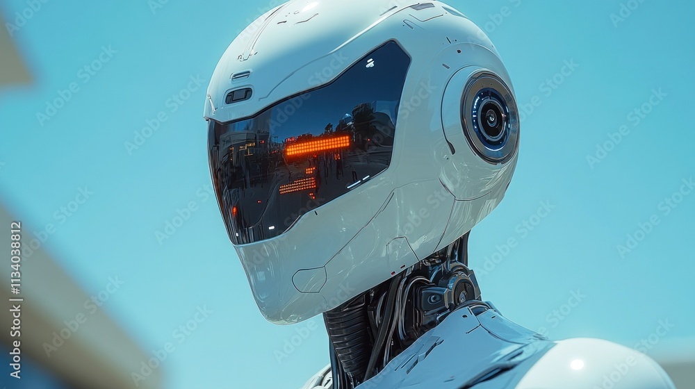 Poster a futuristic robot with a sleek design and reflective visor, showcasing advanced technology.