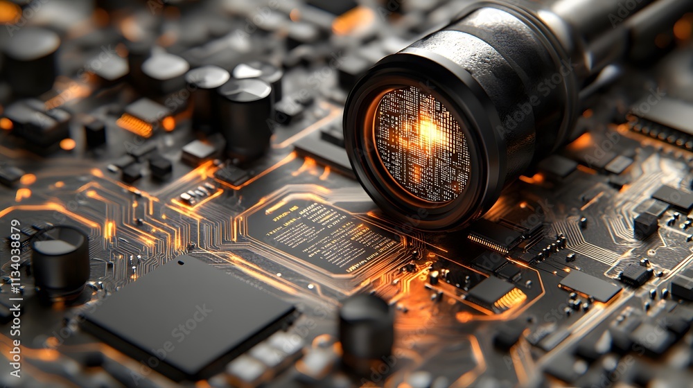 Poster close-up of a magnifying glass revealing binary code on a circuit board.