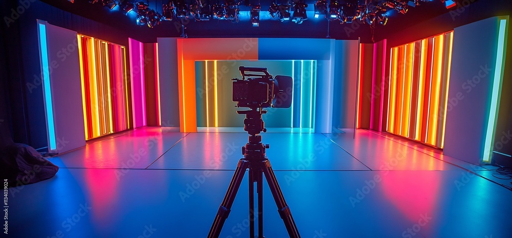 Poster a brightly lit studio setup with colorful vertical lights and a camera.
