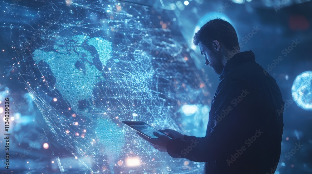 Poster A person interacts with a digital interface displaying a global network map.