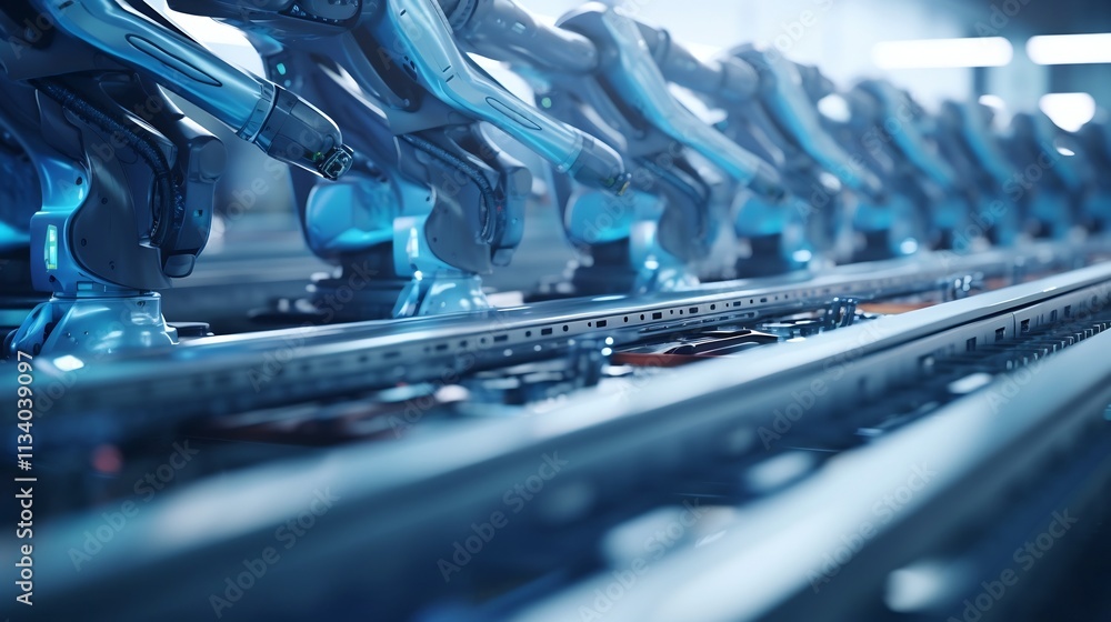 Poster close up view of robotic arms precisely shaping and manipulating aluminum components in a modern hig