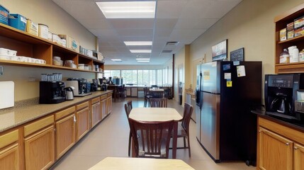 modern office break room with kitchenette and seating area