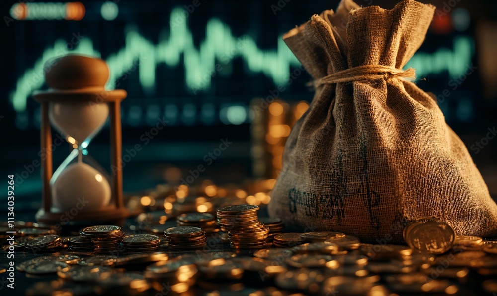 Poster a burlap sack filled with coins beside an hourglass on a table.