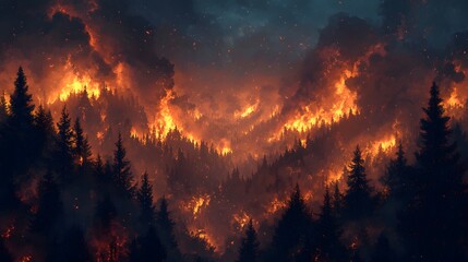 Fiery Inferno Consumes Dense Forest At Night