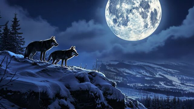 Two wolves, their silhouettes illuminated by moonlight, stand atop a snow-covered hill on a wintry night, A pack of wolfs on a distant, snow covered hill under a moonlit night