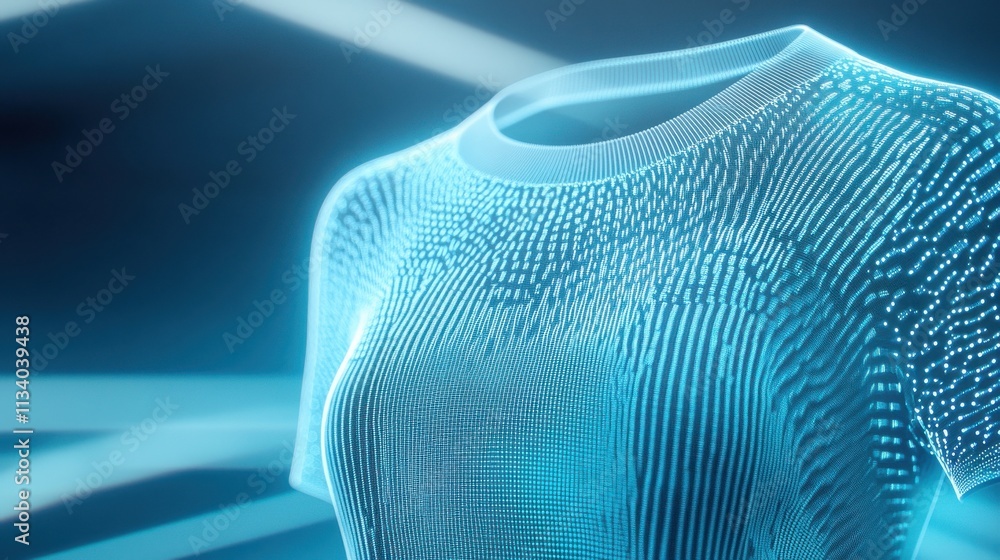 Poster futuristic apparel design featuring a high-tech 3d printed shirt with glowing textures and patterns,