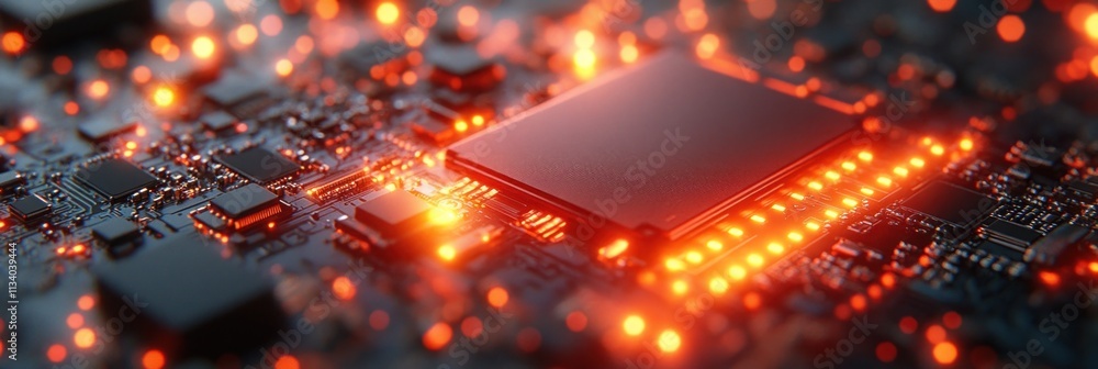 Poster illuminated cpu on circuit board.