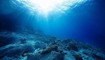 Fototapeta premium Underwater Ocean - Blue Abyss With Sunlight - Diving And Scuba Background
