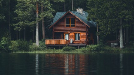 Obraz premium Rustic log cabin by a serene lake in a dense forest.
