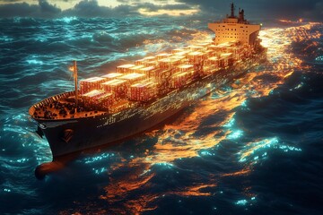 An Enormous Cargo Ship Navigating Through a Mesmerizing Sea of Digital Data and Complex Trade Analytics