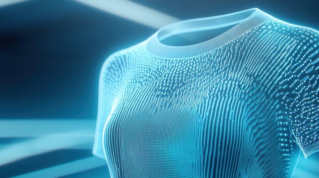 Futuristic Apparel Design Featuring a High-Tech 3D Printed Shirt with Glowing Textures and Patterns, Set Against a Dynamic Neon Background for Modern Fashion Concepts